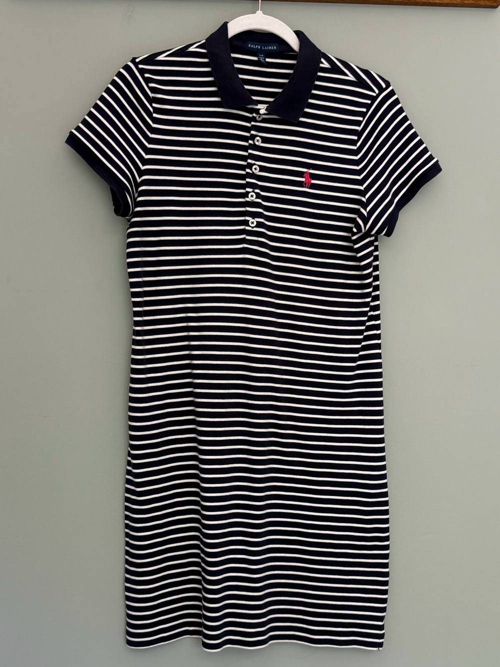 Ralph Lauren Blue Label Navy White Nautical Stripe Pink Pony Polo Shirt Dress